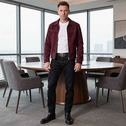 Photograph of a serious, light-skinned man with short brown hair, wearing a maroon velvet jacket, white shirt, black pants, and black
