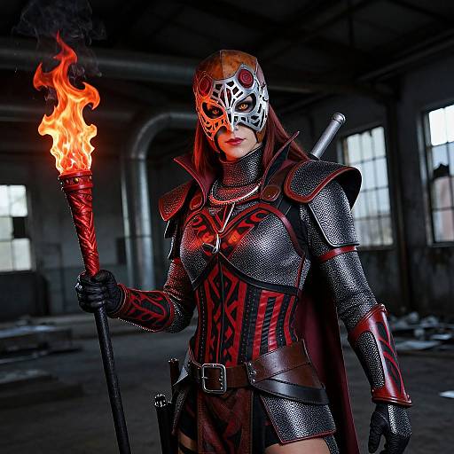 Photorealistic digital artwork of a masked female warrior with red and black armor, holding a flaming staff, in a dark, industrial warehouse.