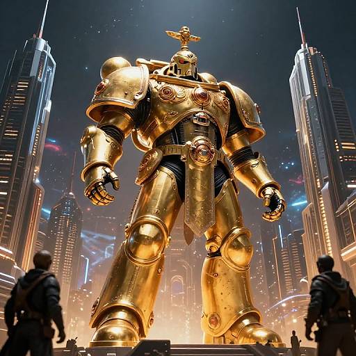 Digital illustration of a towering, golden, armored robot with a star on its head, standing in a futuristic cityscape with skyscrapers. Silhou