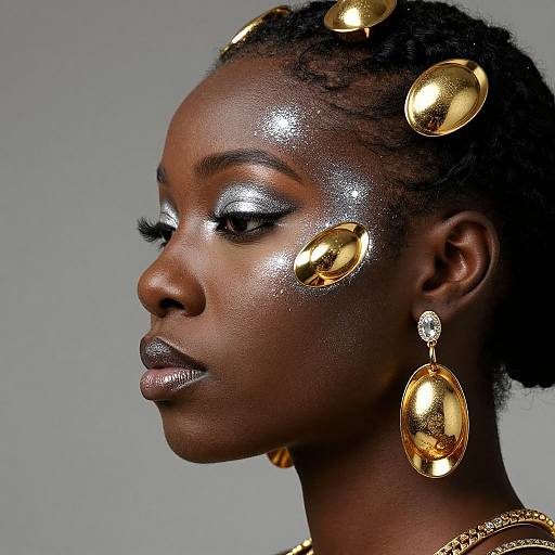 Photograph of a dark-skinned woman with shiny silver eyeshadow, gold metallic hairpins, and large golden earrings, gazing to the side