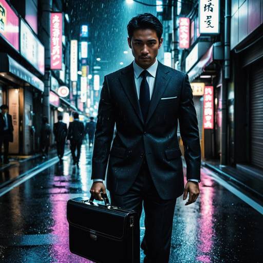 Secret Agent in Neon-lit Tokyo Street at Night