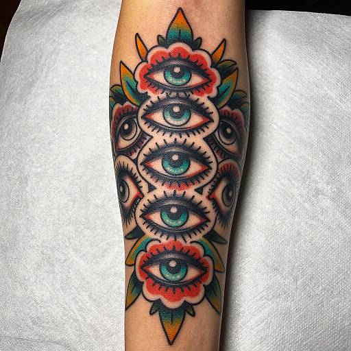 Neo-Traditional Multi-Eye Floral Tattoo