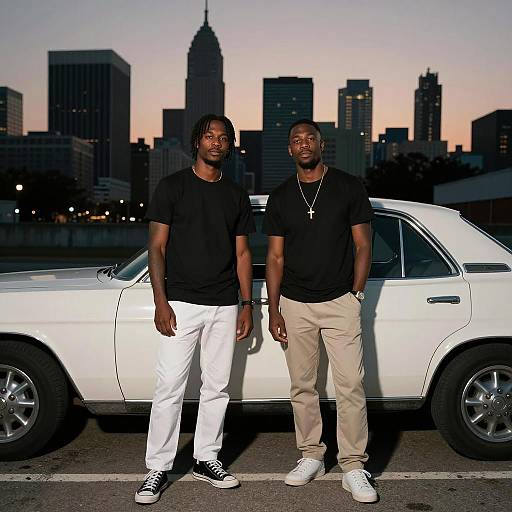 Urban Dusk: Two Men and Vintage Car