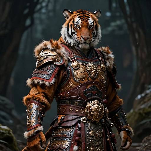 Digital artwork of a muscular anthropomorphic tiger warrior in elaborate, gold-embellished armor with fur trim, standing in a dark forest.