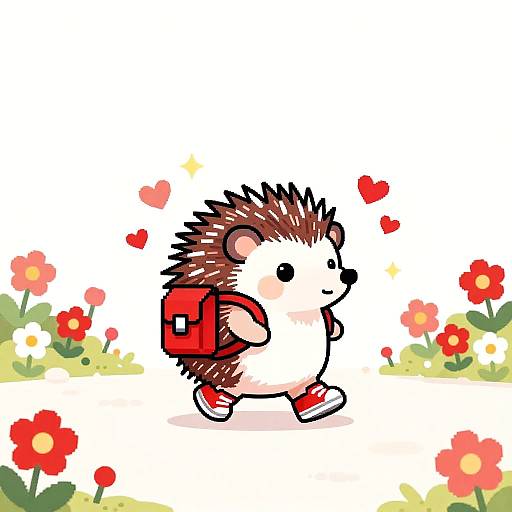 Cute Cartoon Hedgehog Walking with Red Sneakers and Backpack