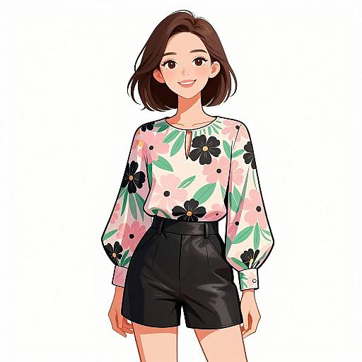 Smiling Woman in Floral Blouse and Shorts