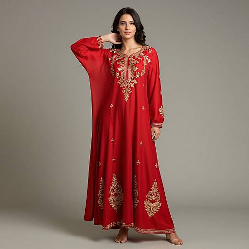 Photograph of a dark-haired woman in a long, red, gold-embroidered traditional dress, standing against a plain gray background, with one