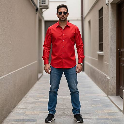 Photograph of a tall, muscular man with dark hair, beard, wearing sunglasses, bright red shirt, blue jeans, black shoes, standing in a