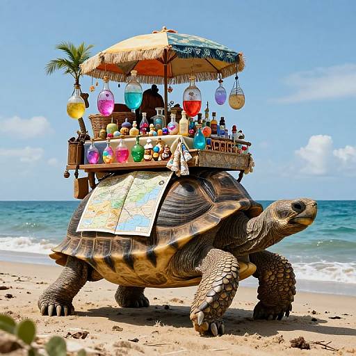 Photograph of a beach tortoise with a colorful cart of drinks and umbrellas on its shell, near the ocean.