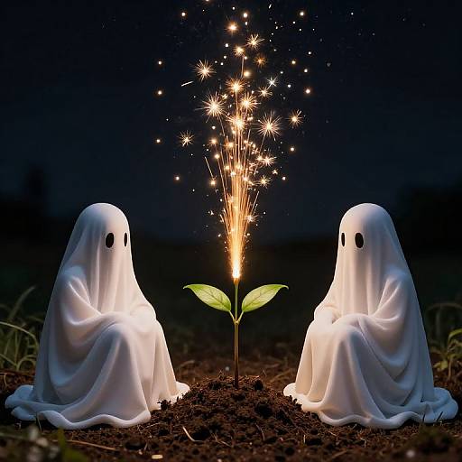 Photograph of two white ghost figures with black eyes, sitting on dark soil, watching a glowing sparkler plant with green leaves.