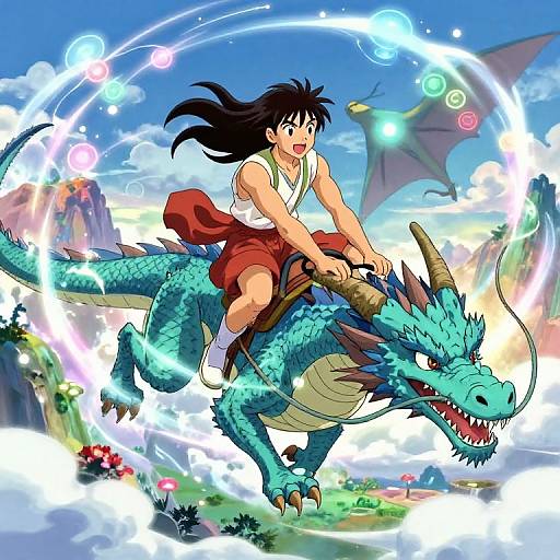 Anime-style digital drawing of a black-haired girl in a white top and red skirt riding a blue dragon, surrounded by glowing magical circles, with a vibrant