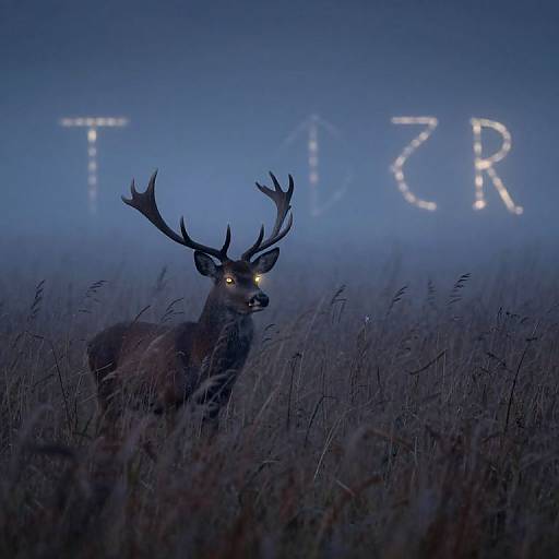 Photograph of a majestic stag with glowing yellow eyes in a misty blue field, illuminated letters 