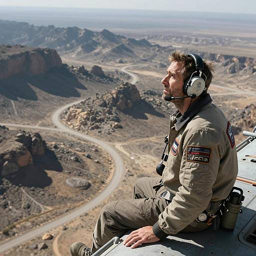 Man in Spaceship Helmet Over Rocky Landscape