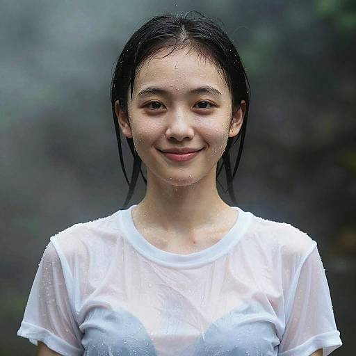 Photograph of a smiling Asian woman with wet, black hair, wearing a white, wet T-shirt, standing outdoors with a blurred green background.