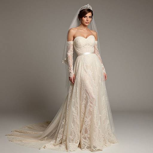 Photograph of a fair-skinned woman in a strapless, lace wedding dress with long sleeves, veil, and tiara, standing against a gray