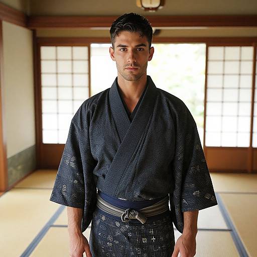 Man in Traditional Kimono in Japanese Tea House