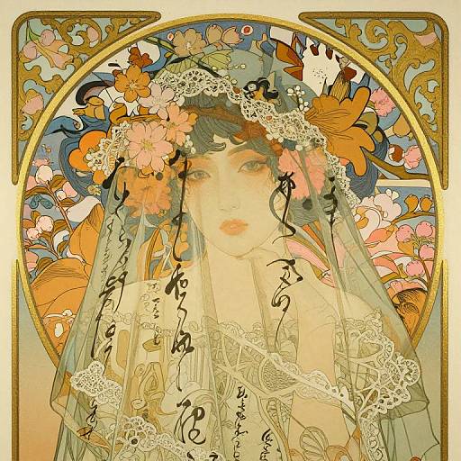 Art Nouveau-style digital illustration of a fair-skinned woman with blue hair, floral crown, and lace veil, surrounded by vibrant flowers. Japanese call