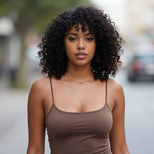 Photograph of a beautiful Black woman with curly hair, wearing a brown tank top and gold necklace, standing on a blurred urban street.