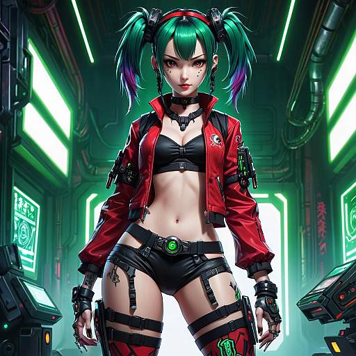 Digital artwork of a green-haired, cyberpunk woman in a red jacket, black bra, shorts, and thigh straps, standing in a neon-lit