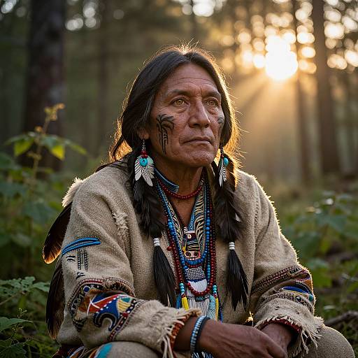 Photograph of an elderly Native American woman with long black hair, traditional beaded jewelry, and tribal face paint, sitting in a sunlit forest.