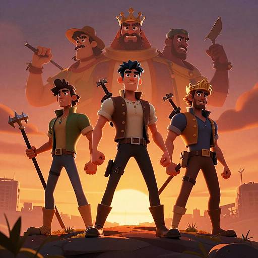Digital illustration of four muscular, cartoon adventurers with tools, standing in front of a larger, crowned bear; sunset cityscape background.