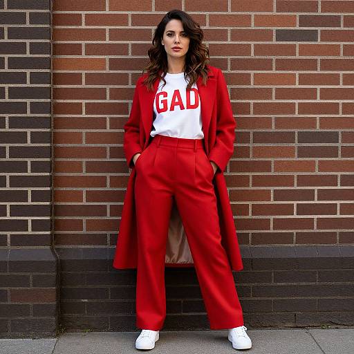 Photograph of a woman with wavy brown hair, wearing a red coat, red pants, white 