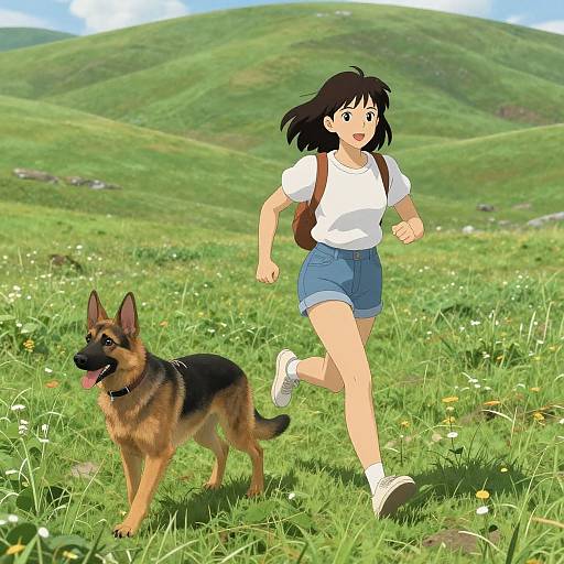 Asian Girl Running with Dog on Green Hill in Studio Ghibli Style