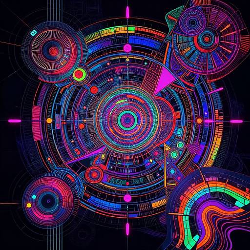 Vibrant, neon-colored, abstract digital art featuring concentric circles, colorful rings, and geometric shapes against a black background, creating a futuristic,