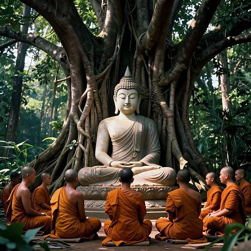 Photograph of seven Buddhist monks in orange robes sitting around a serene, stone Buddha statue nestled in the roots of a massive tree in a lush, green