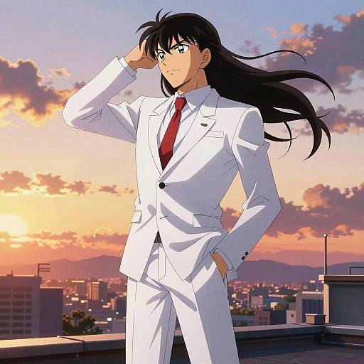 Heroic Anime Character on Rooftop