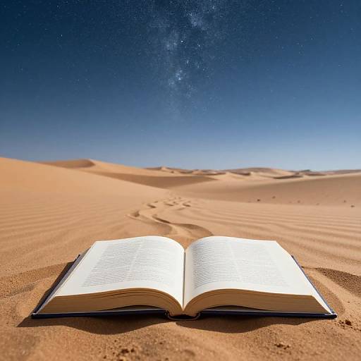 Photograph of an open book resting on golden desert sand under a starry, clear night sky with the Milky Way visible.