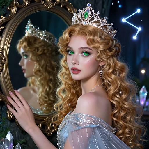 Digital art of a fair-skinned, green-eyed princess with curly blonde hair, wearing a silver tiara, reflective mirror, and sparkling off-should