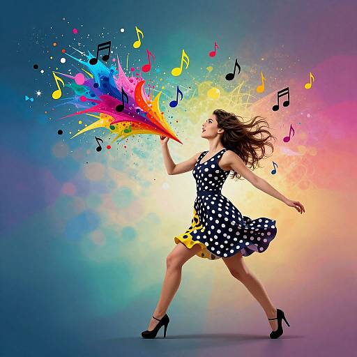Photograph of a dancing woman in a polka-dot dress, black heels, colorful musical notes and splashes erupting from her mouth, against a