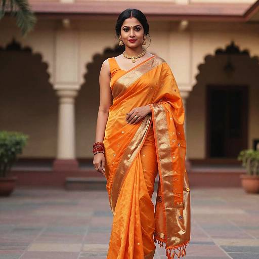 Woman Posing in Orange Silk Saree