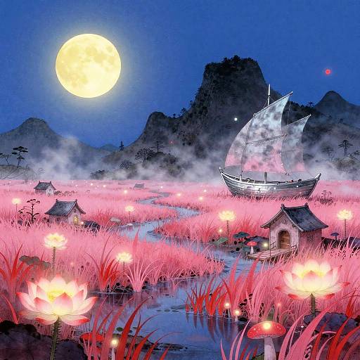 Surreal Mystic Marshland with Glowing Lotus Flowers and Silver Boat