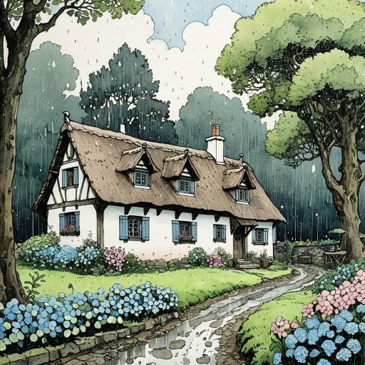 Charming Medieval Cottage in Rainy Summer Forest