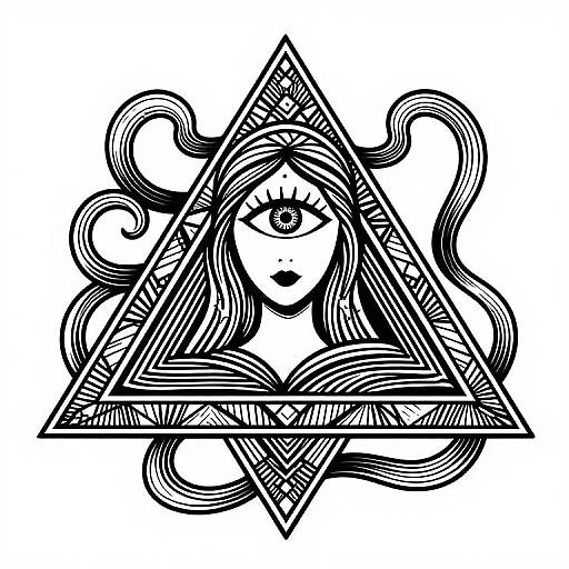 Black and white linocut-style drawing of a woman's face with an eye in a geometric, intertwined triangle pattern.