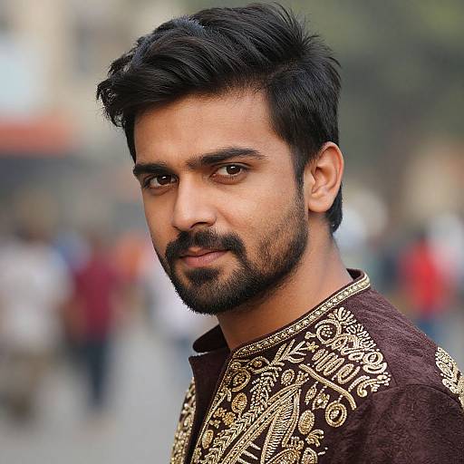 Photograph of a handsome, bearded Indian man with dark hair, wearing an ornate, brown, embroidered traditional shirt, against a blurred urban background