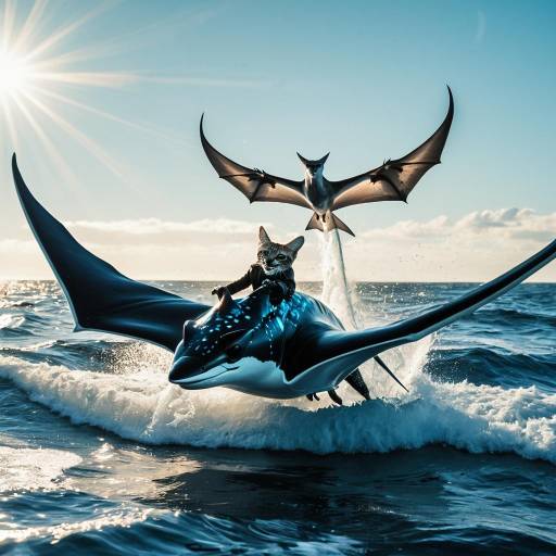 Ice Wizard Lynx Riding Glowing Manta Ray Over Ocean
