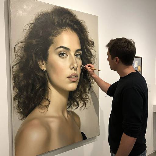 Photograph of a male makeup artist with short brown hair, in a black shirt, applying makeup to a detailed, realistic portrait of a woman with curly