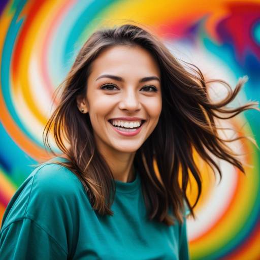 Excited Young Woman with Colorful Swirl