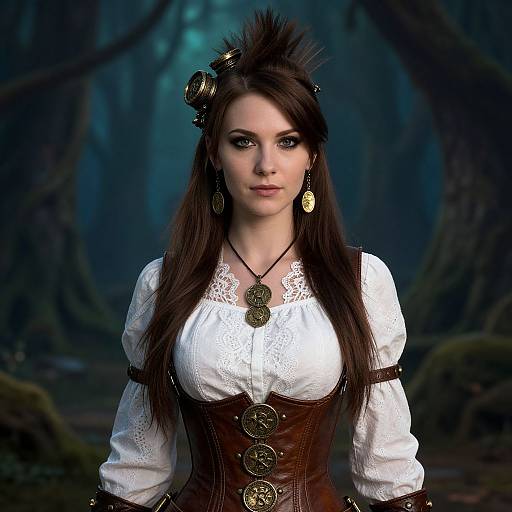 Digital artwork of a fair-skinned woman with long dark brown hair, wearing steampunk attire, including a white lace blouse, brown corset,