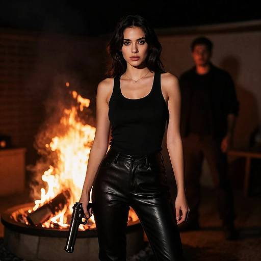 Woman in Leather Beside Fiery Scene