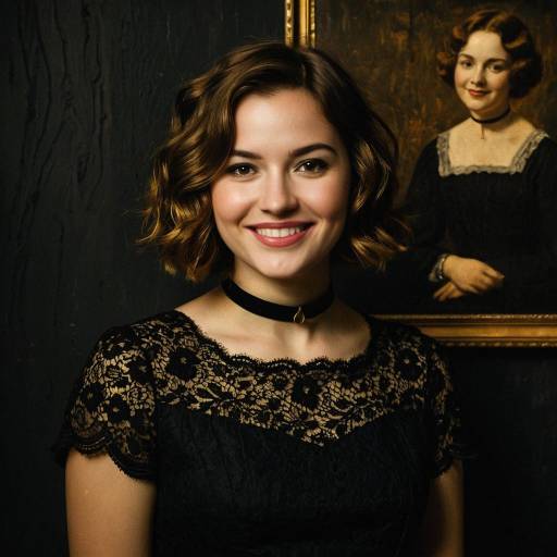 Young Woman in Black Lace Dress with Vintage Portrait