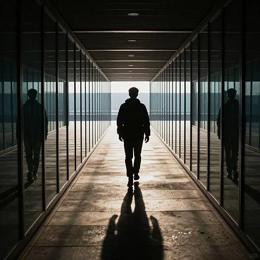 Silhouetted man in hooded jacket walks through a reflective, glass-walled corridor, with bright light at the end, creating a dramatic,