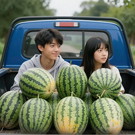 Teenagers Enjoying Watermelons in a Truck