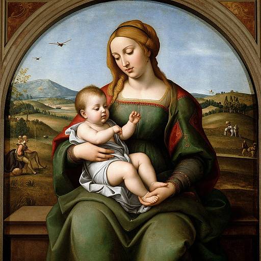 Renaissance painting of a fair-skinned Madonna with brown hair, green dress, cradling a nude, light-skinned baby Jesus, set