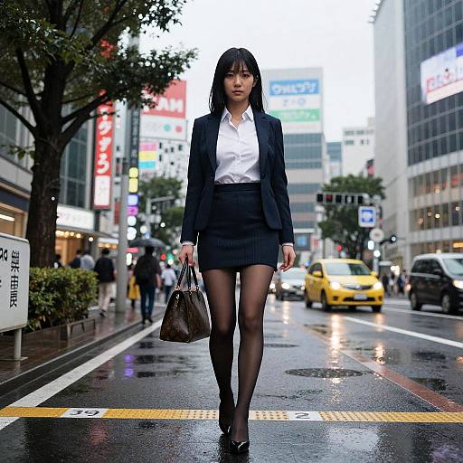 Photograph of a confident Asian woman in a black blazer, white blouse, black skirt, and stockings, walking on a wet, neon-lit
