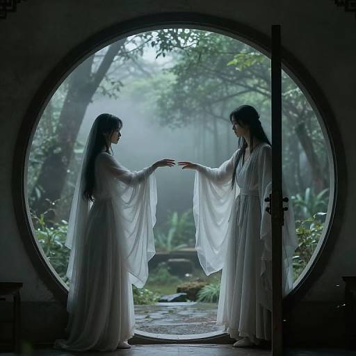 Photograph: Silhouetted women in flowing white robes, hands meeting through a circular window, misty forest background, ethereal and serene.