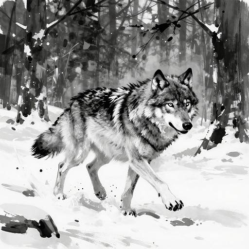Black-and-white digital illustration of a fierce, realistic wolf with sharp eyes, walking through a snowy forest with dark, textured trees.